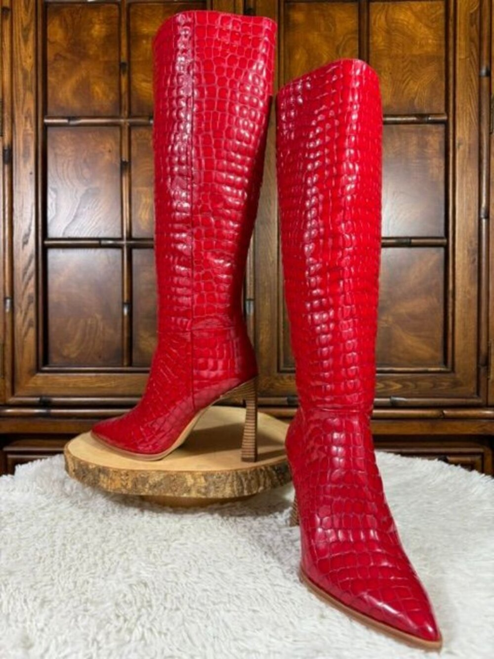 Vince Camuto Pelsna Matador Red Genuine Leather Croc Embossed Patent Boot